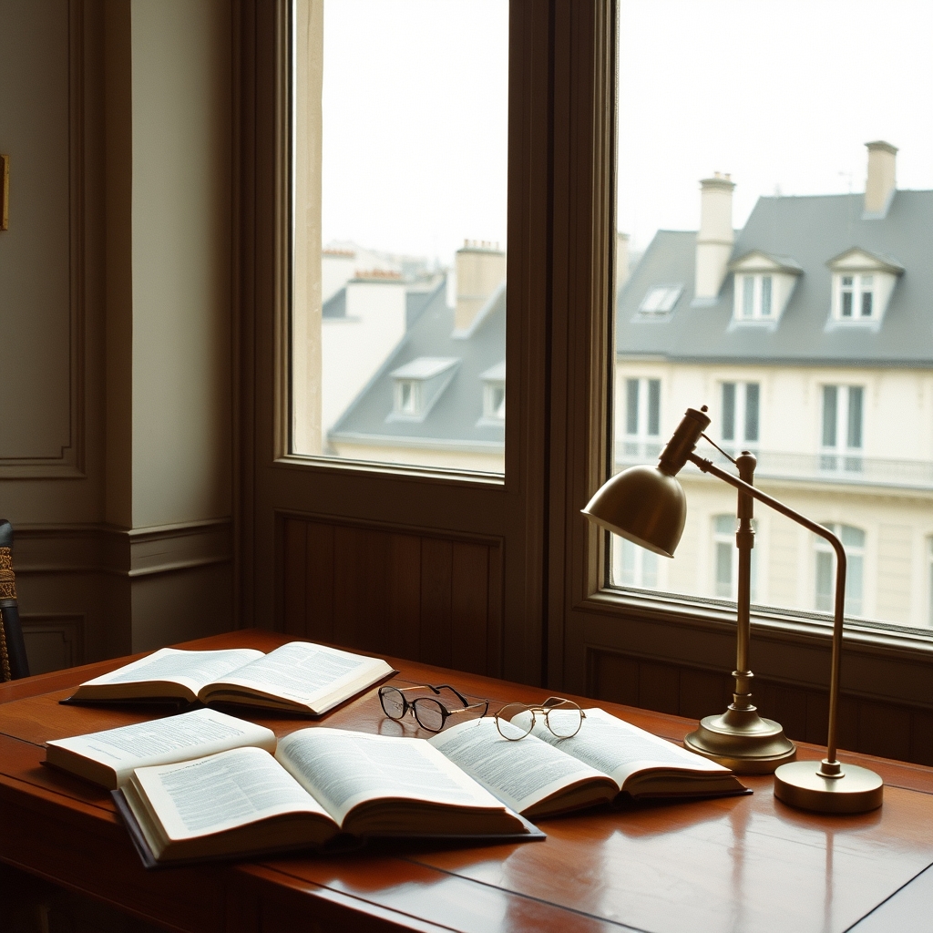 Bureau d'étude avec carnet, livres et lampe de lecture.